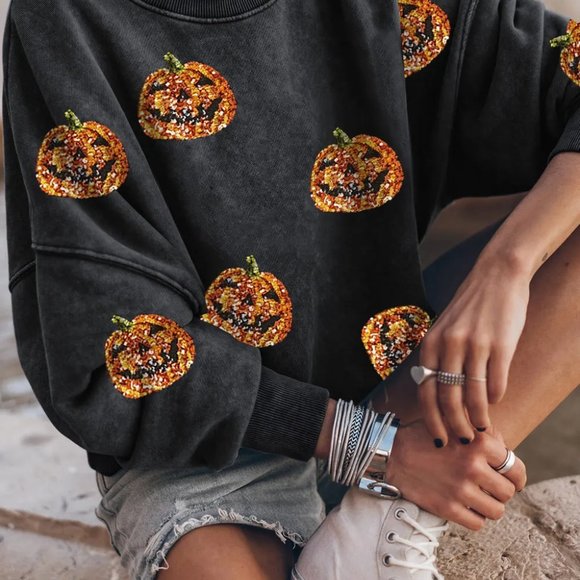 Black Sequined Halloween Pumpkin Relaxed Sweatshirt - Picture 2 of 3